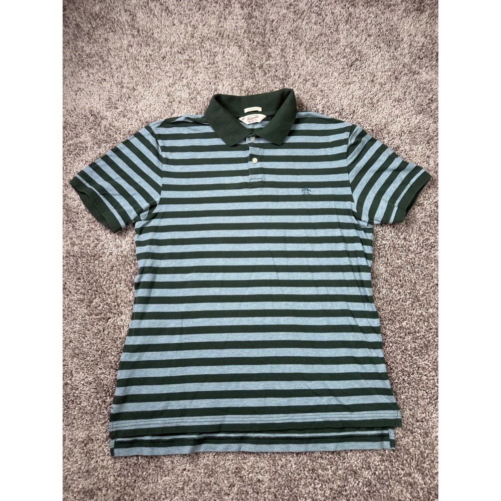 Original Penguin Mens Large Polo Shirt Green Blue Striped Classic Fit Cotton